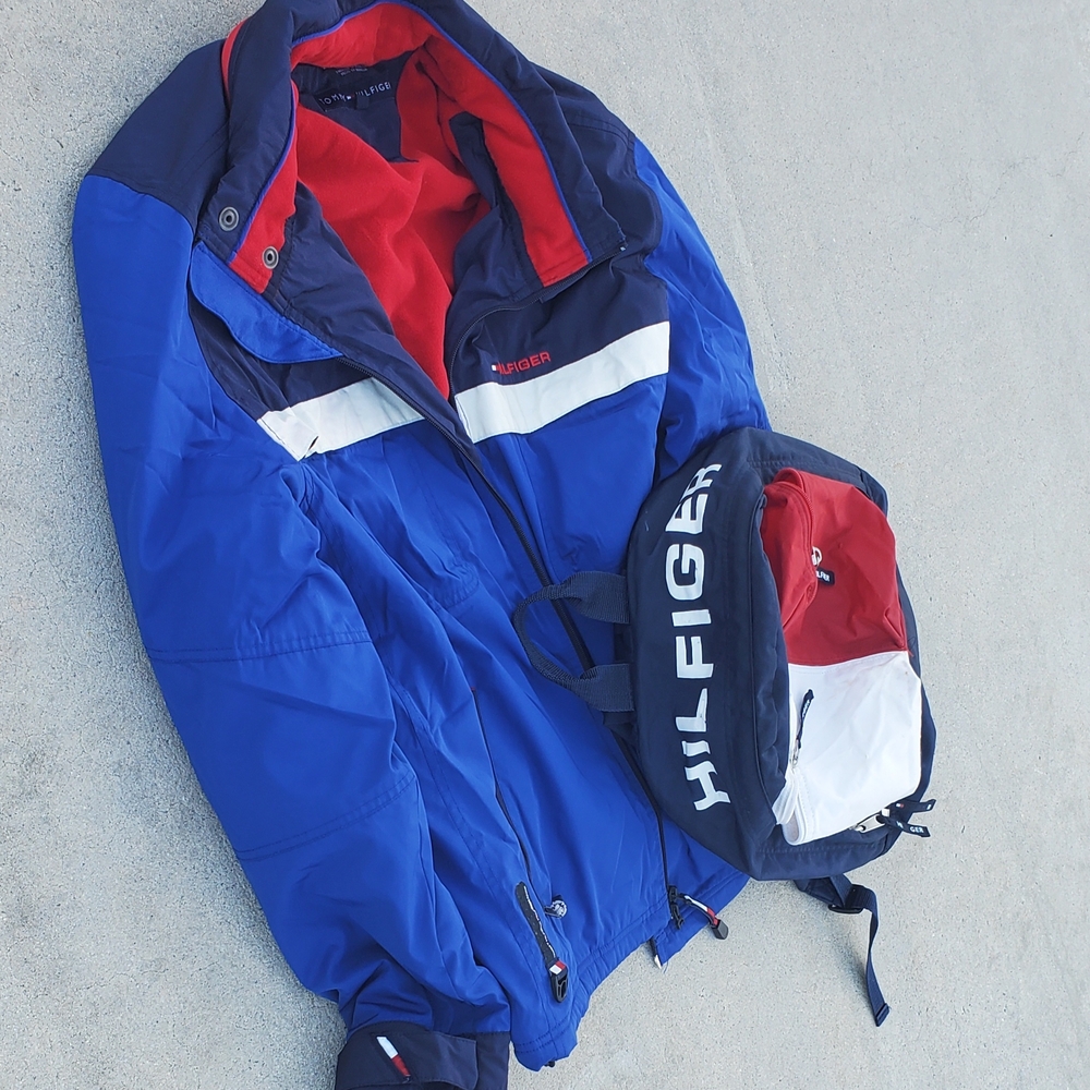 Tommy Hilfiger Blue and Red Colorblock Coat, Lot w/ X-large Jacket with Backpack